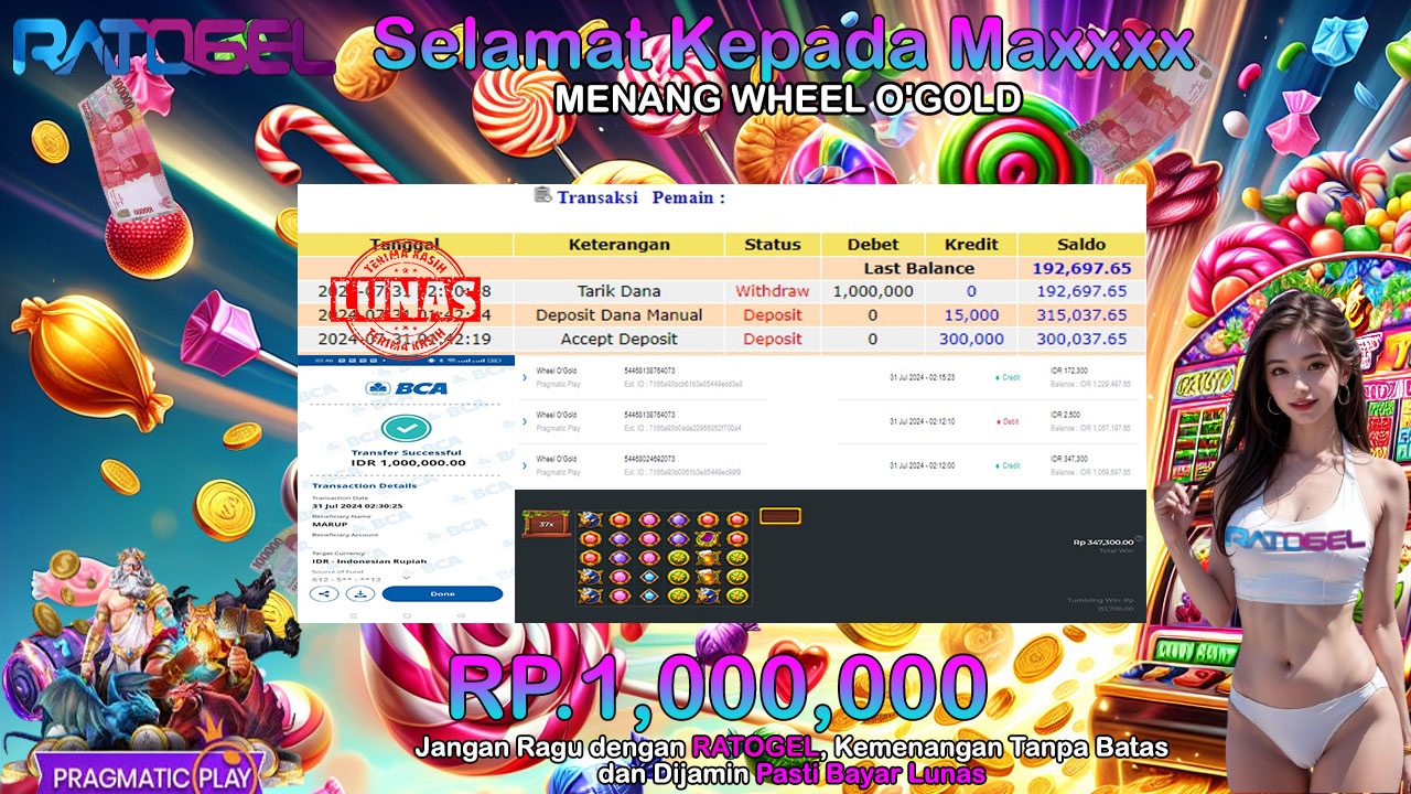 BUKTI JACKPOT SLOT WHEEL O’GOLD TERPERCAYA DI INDONESIA TGL 31-07-2024