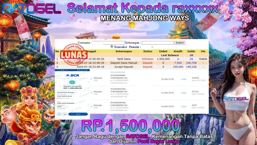 BUKTI JACKPOT SLOT MAHJONG WAYS TERPERCAYA DI INDONESIA TGL 19-07-2024