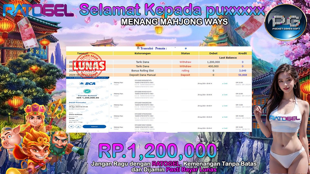 BUKTI JACKPOT SLOT MAHJONG WAYS TERPERCAYA DI INDONESIA TGL 29-08-2024