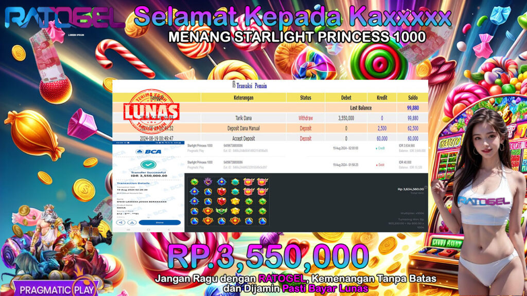 BUKTI JACKPOT SLOT STARLIGHT PRINCESS 1000 TERPERCAYA DI INDONESIA TGL 19-08-2024