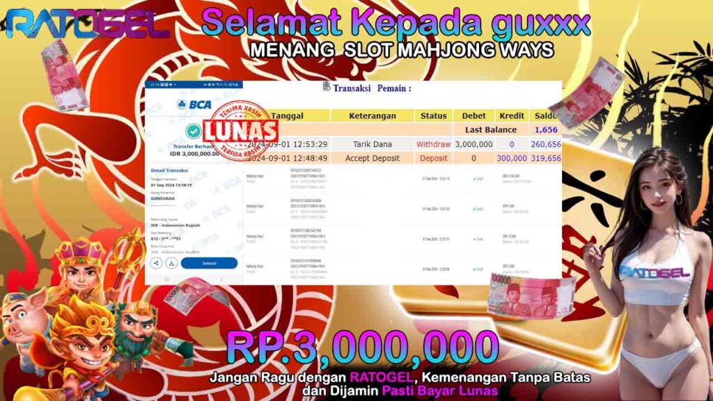 BUKTI JACKPOT SLOT MAHJONG WAYS TERPERCAYA DI INDONESIA TGL 01-09-2024