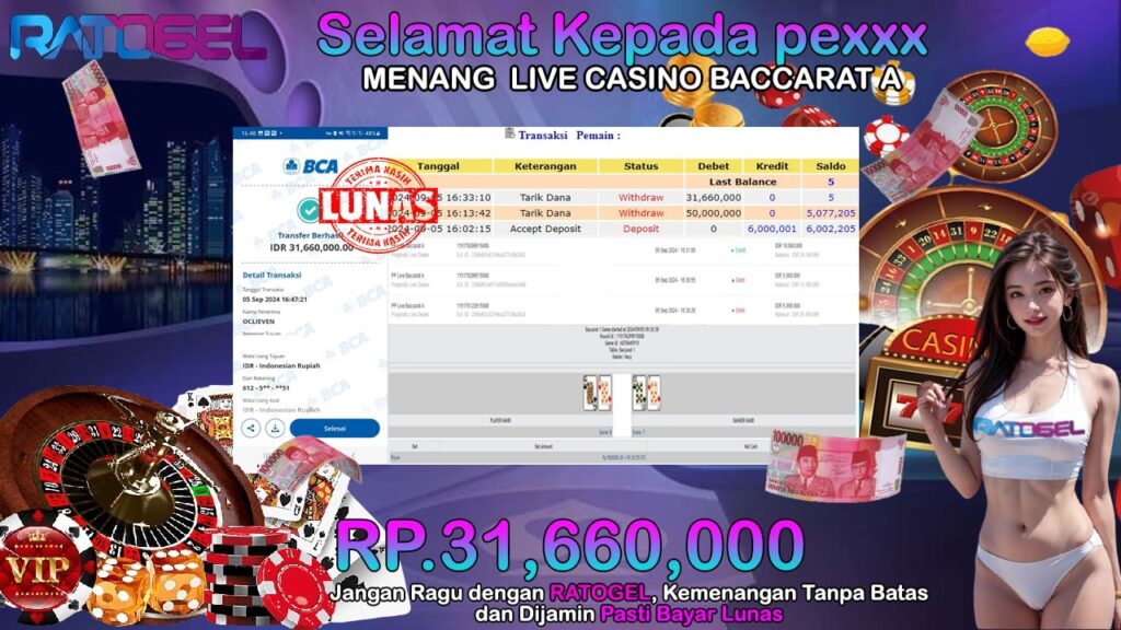 BUKTI JACKPOT LIVE CASINO BACACARAT A TERPERCAYA DI INDONESIA TGL 05-09-2024