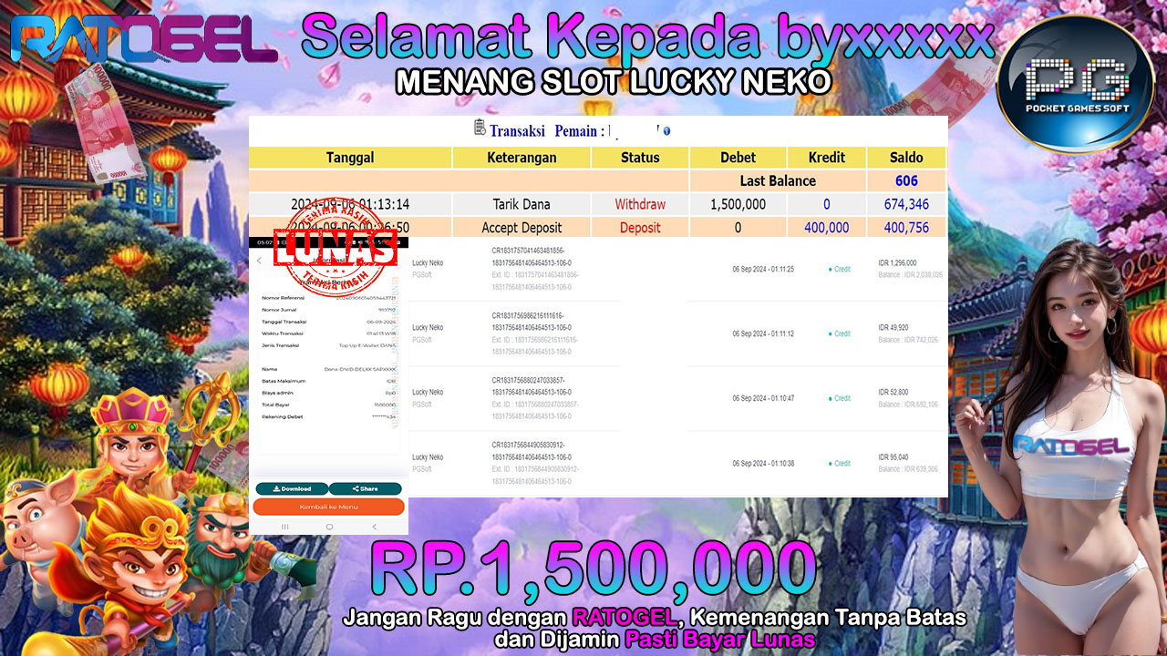 BUKTI JACKPOT SLOT  LUCKY NEKO  TERPERCAYA DI INDONESIA TGL 06-09-2024