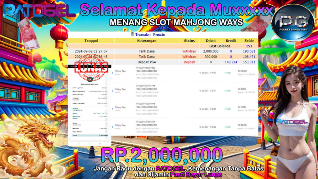 BUKTI JACKPOT SLOT MAHJONG WAYS TERPERCAYA DI INDONESIA TGL 02-09-2024