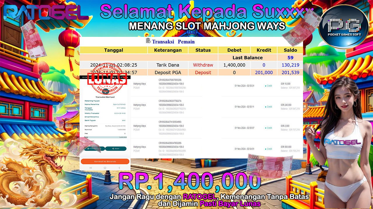 BUKTI JACKPOT SLOT MAHJONG WAYS TERPERCAYA DI INDONESIA TGL 01-11-2024