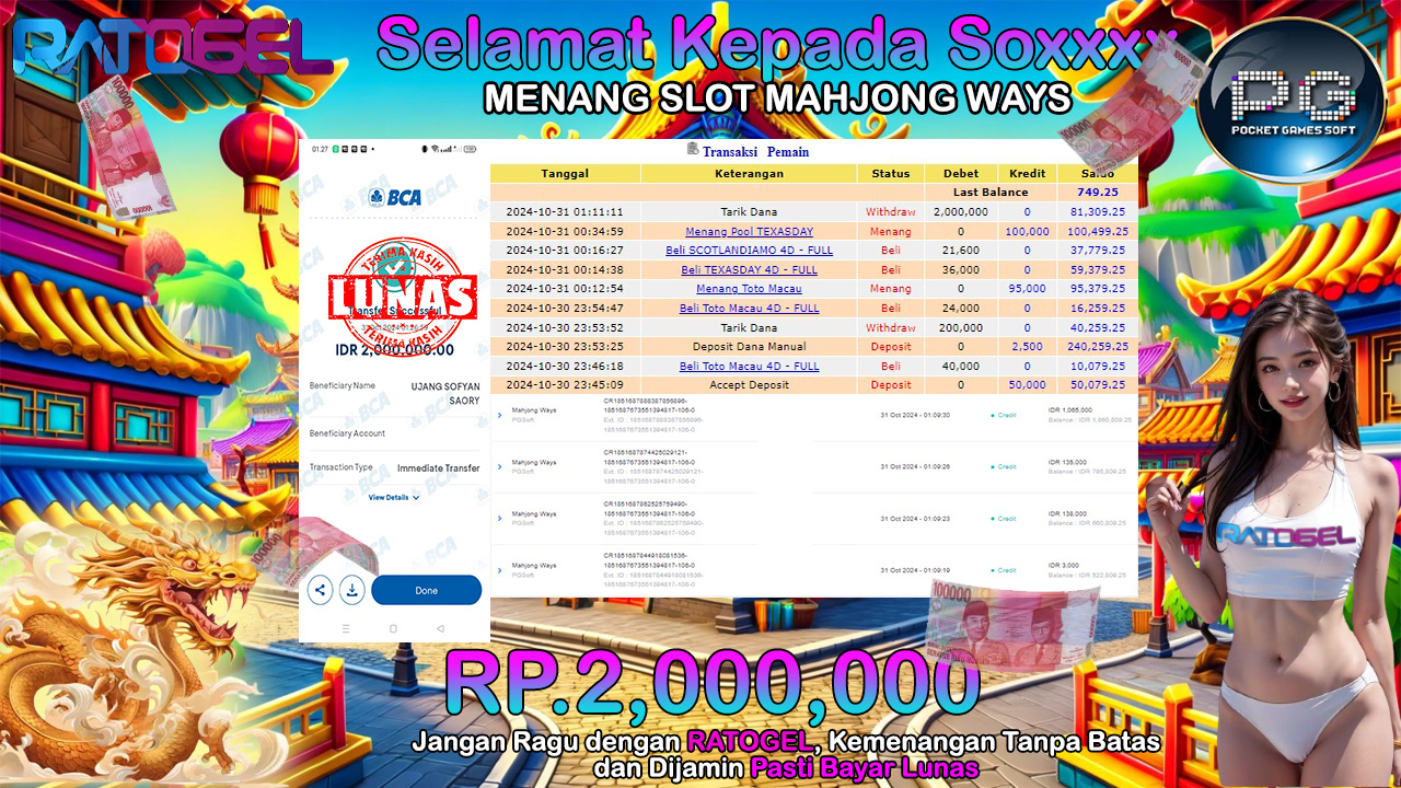 BUKTI JACKPOT SLOT MAHJONG WAYS TERPERCAYA DI INDONESIA TGL 31-10-2024