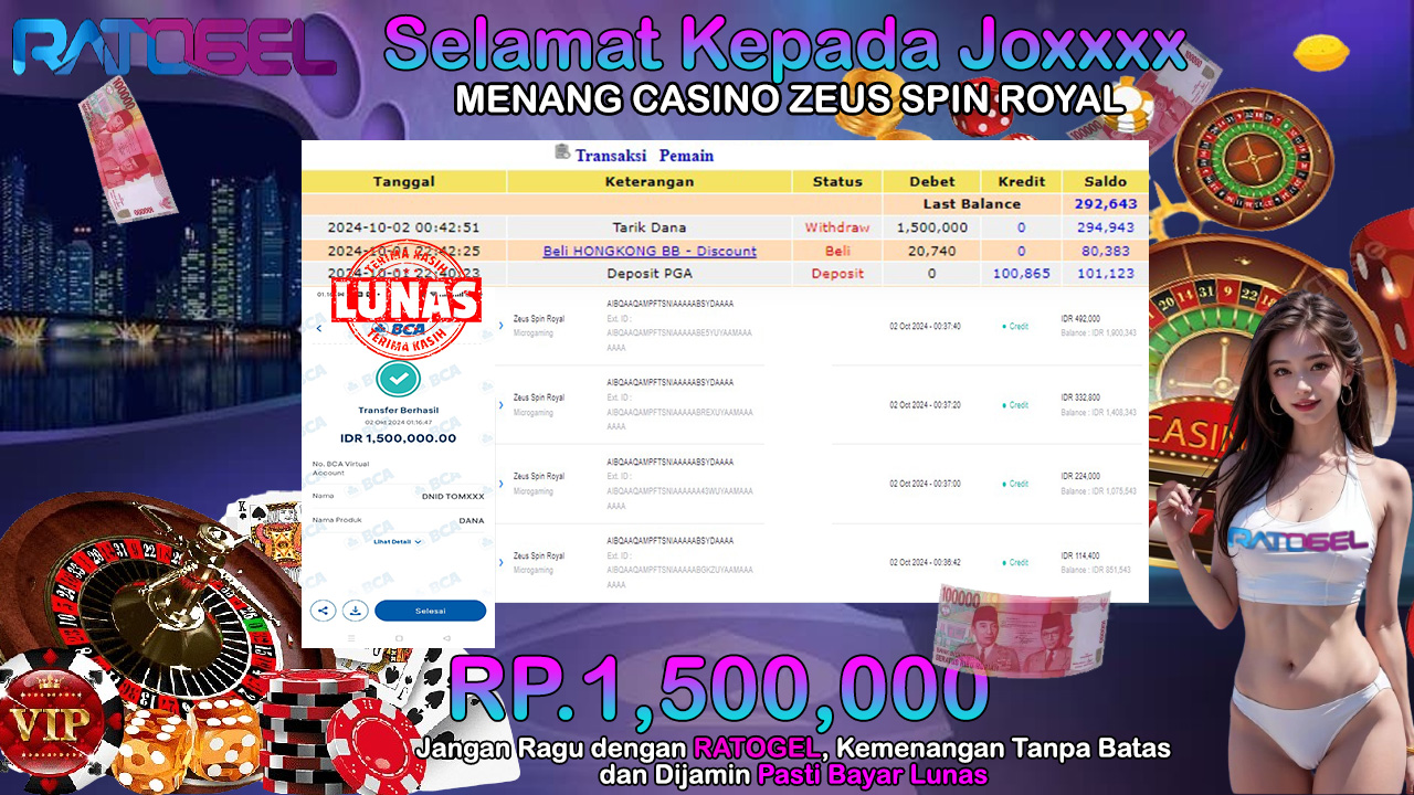 BUKTI JACKPOT CASINO ZEUS SPIN ROYAL TERPERCAYA DI INDONESIA TGL 02-10-2024