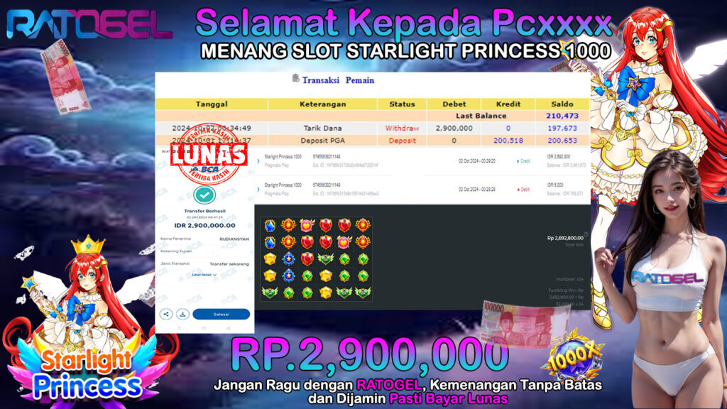 BUKTI JACKPOT SLOT STARLIGHT PRINCESS 1000 TERPERCAYA DI INDONESIA TGL 02-10-2024