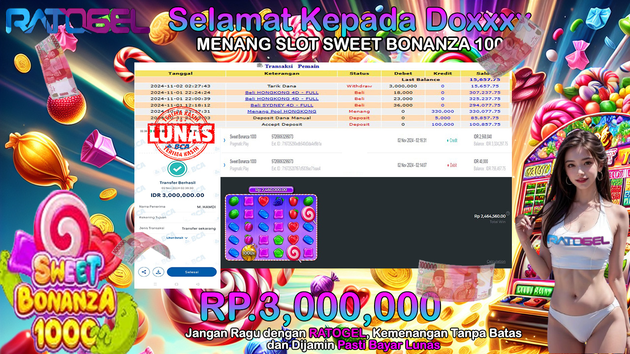 BUKTI JACKPOT SLOT SWEET BONANZA 1000 TERPERCAYA DI INDONESIA TGL 02-11-2024